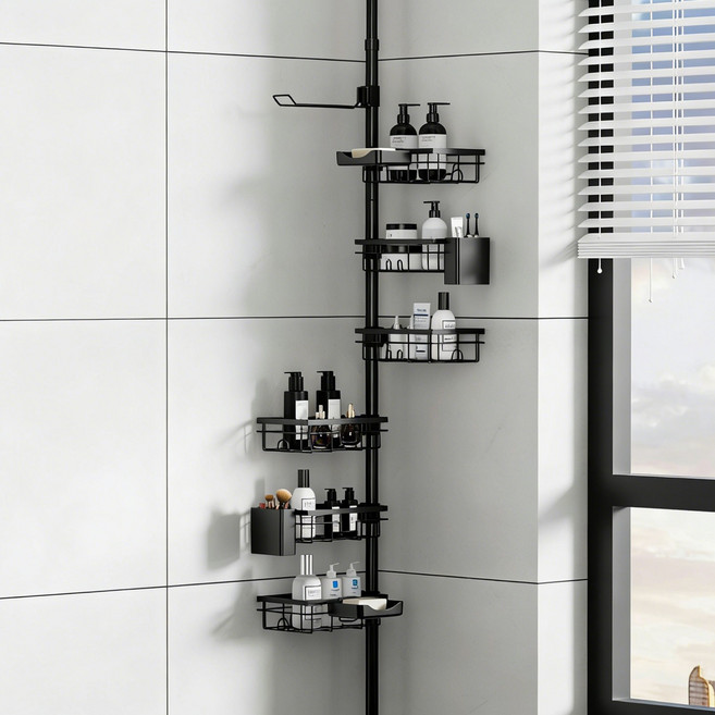 욕실코너 수납선반 무타공 텔레스코픽 금속재질 방수 습기차단 청소쉬움 화장실 세면대 욕조옆 샤워용품거치대 다단 높이조절 빈 공간 활용 다용도 욕실수납, 1세트, 블랙