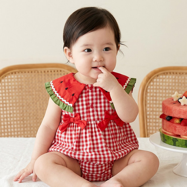 몽실이 수박 빅카라 체크 바디슈트