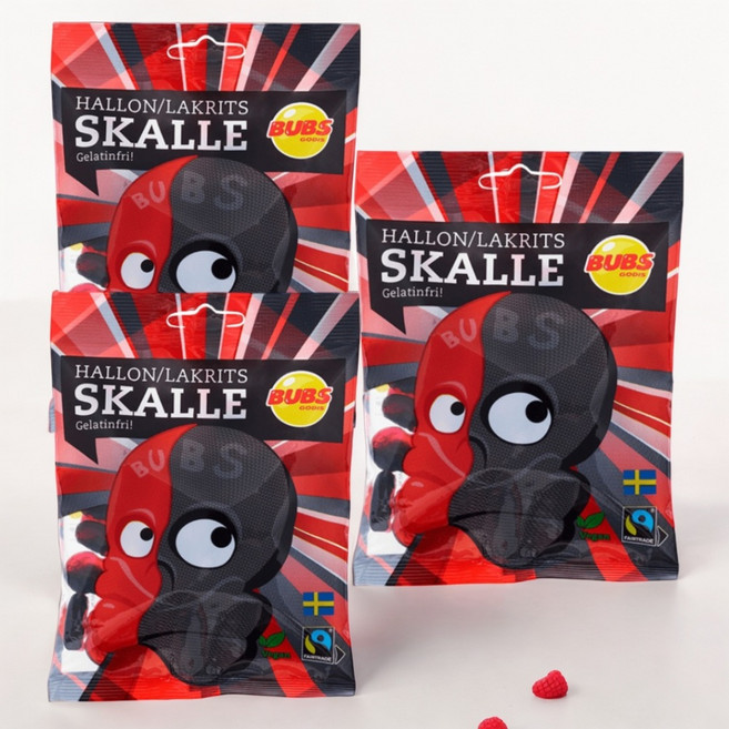 스웨덴 BUBS 붑스 해골모양 라즈베리 감초 맛 캔디 젤리 90g x3팩, 3개