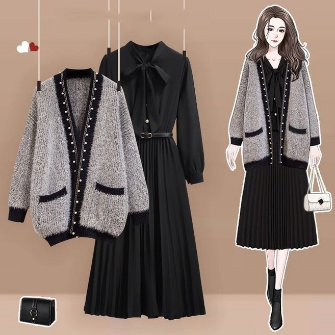 FANSYLI 가을 겨울 쉬폰 원피스 세트 여성 빅사이즈 루즈핏 진주 스웨터 가디건 코트 + 리본 미디움 A라인 원피스 투피스 스타일리쉬 고급스러운 통근 니트세트 W2410O