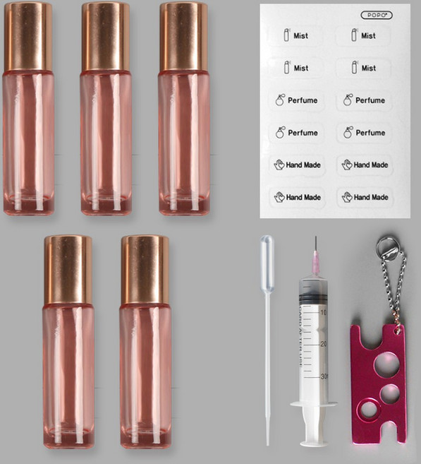 포포라운지 롤온공병 향수 용기 아로마 화장품 소분 공병 + 안전바늘 주사기 + 스포이드 + 롤온 오프너 + 스티커, 1세트, (10ml 투명핑크)5개+소분도구+스티커 1장