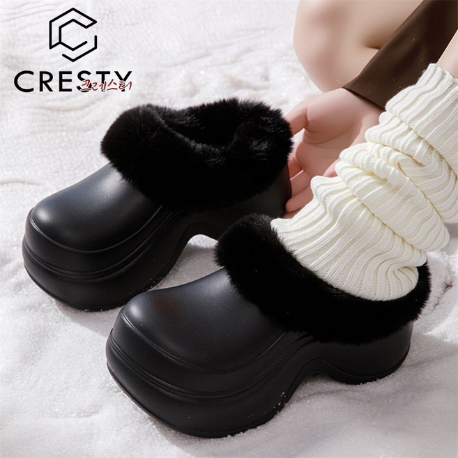 크레스티 여성 다용도 미끄럼방지 키높이 털 슬리퍼 겨울용 EVA 방수 초경 량 방한 기모 주방화