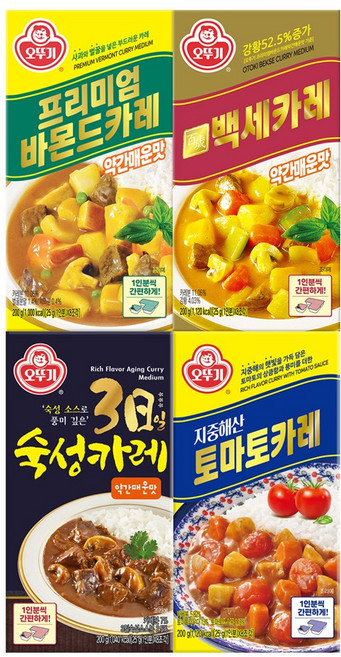 오뚜기 고형카레 4종세트(프리미엄바몬드카레 약간매운맛+백세카레 약간매운맛+3일숙성카레 약간매운맛+지중해산 토마토 카레), 1세트, 200g
