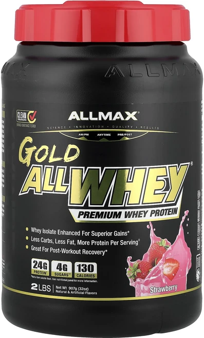 올맥스 ALLWHEY Gold 100% 프리미엄 유청 단백질 딸기 맛 907g, 4개 - 쿠팡