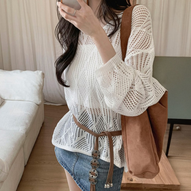 떳다그녀 디에르 그물 니트 시스루 브이넥 루즈핏 빈티지 나시 탑 셋업 벨트 레이어드 보헤미안 세트