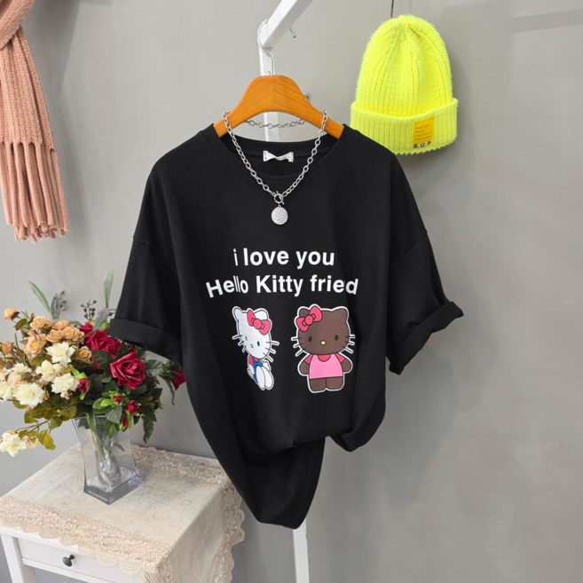 테이닝 냥이 키키 오버핏 라운드넥 반팔 티셔츠 여성용 면100% 캐주얼 여름