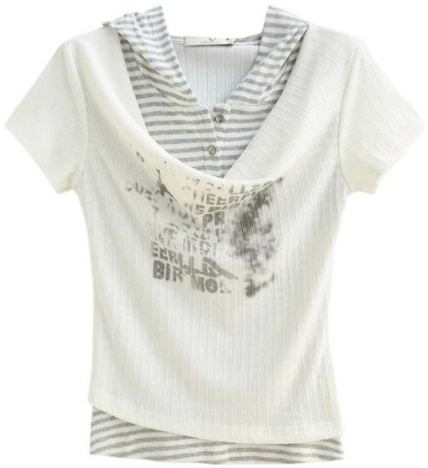 COSYEVNO 여성 후드 반팔티 슬림핏 스트라이프 레이어드 슬림핏 상의