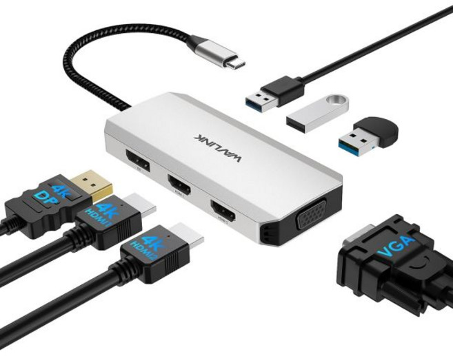 USB-C 듀얼 HDMI 어댑터 4K 60Hz 7-in-1 도킹 스테이션 2 디스플레이포트 VGA 허브 스플리터 4개 모니터 확장 디스플레이 멀티포트 도글 MacBookDell, White, 1개