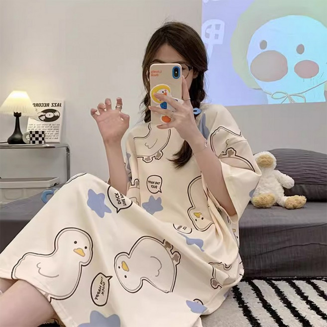 여성 원피스 잠옷 반팔 파스텔 파자마 홈웨어 면 잠옷 (Shoppia)