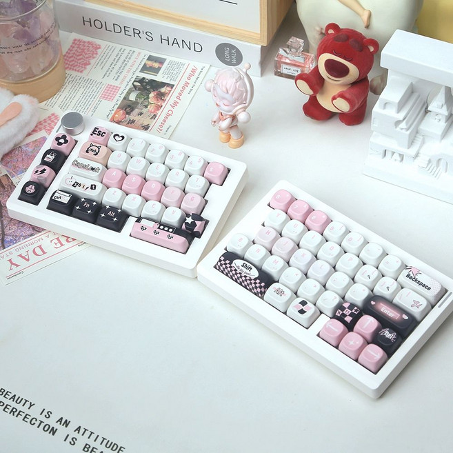 기계식키보드 한손키보드 적축 기계식 좌우 사무용 분리형 유선 분할, 지샤 스위치 [그린 스위치], 핑크 키캡, 녹축