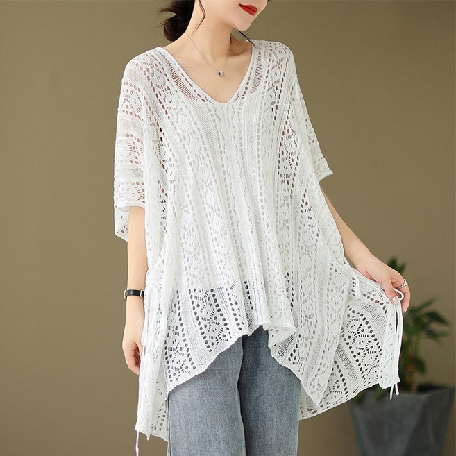 Qurora 夏季鏤空針織罩衫 文藝復古上衣, 白色,均碼 40-80公斤