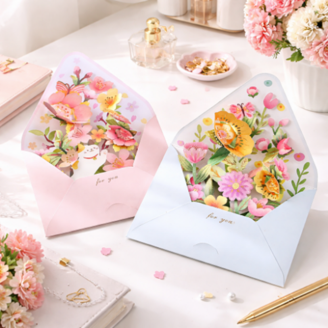 일상채움 플라워 고양이 입체 축하 메세지 카드 2종, 2개, 핑크+블루