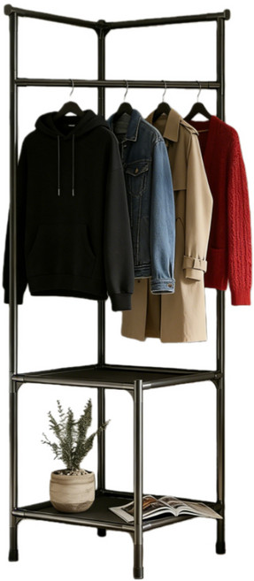 코너 행거 옷걸이 행거 스탠드형 2단수납 공간활용용, 블랙