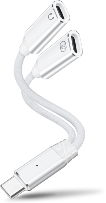 USB-C 분배기 1입력 2출력 USB-C 헤드폰 충전 겸용 어댑터 Type-C PD 100W 고속충전/오디오/데이터 전송 어댑터, 1개, 1-화이트, 14cm