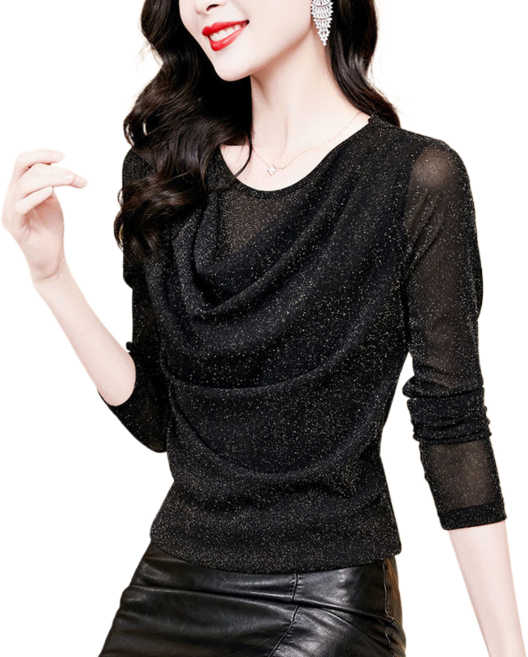 여성용 라운드 글리터 셔링 긴팔 티셔츠 라인 라틴 댄스복 상의 Women's T-shirt