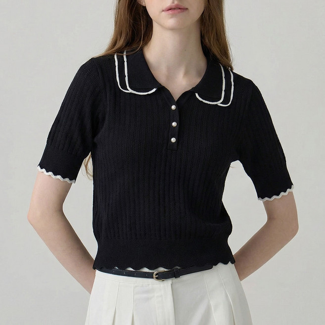 SOSISI 여성 반팔 니트 이중 카라 물결넥 시원 여름 니트 풀오버 46172