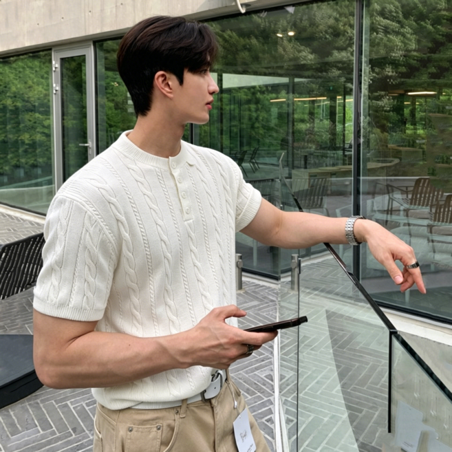 style dr 남자 여름 꽈배기 짜임 반팔 머슬핏반팔 근육질의 티셔츠
