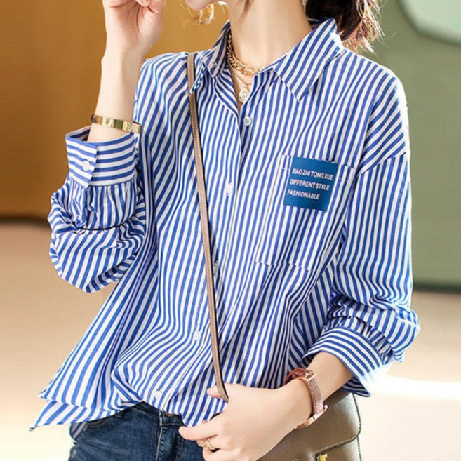 나바바 NB2926 여성 스트라이프 라벨 포켓 긴팔 셔츠