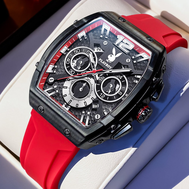 PLAYBOY 플레이보이 남성 다기능 크로노그래프 시계 실리콘 밴드 내구성 강화 패션 시계