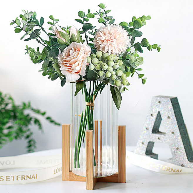 Etolies 나무 받침대 투명한 꽃병 투명 화병 꽃병 원형 실린더 수경재배 인테리어 화병, 투명