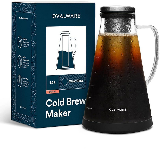 밀폐형 콜드 브루 아이스 커피 메이커 및 티 인퓨저 포함 - 1.0L / 34온스 Ovalware RJ3 브루잉 유리 카라페 탈착식 스테인리스 스틸 필터 포함, 51 Ounces