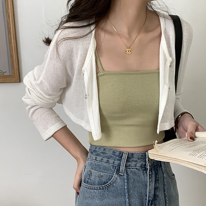 네모엔룩 크롭루즈핏 여성용 라운드넥 UV차단 쿨 더블 버클 언더붑 긴팔 니트 시스루 봄 여름 숏 가디건