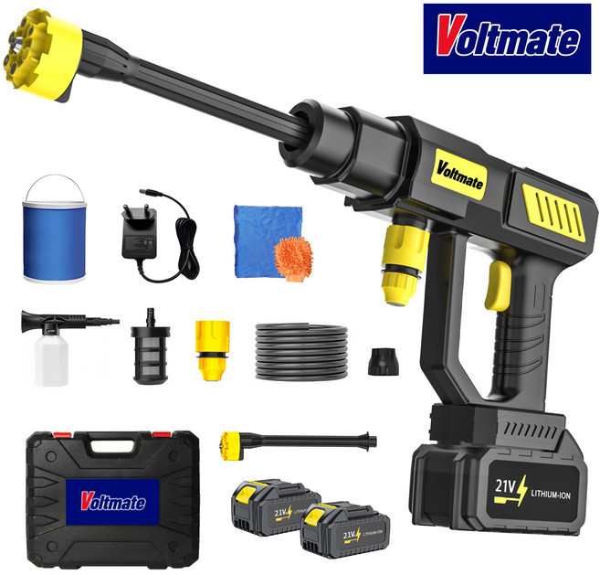 [최신형]Voltmate 차세대 독일 테크 6in1 다용도 노즐 고압 세척기 순동 고성능 모터 AI 스마트 칩 탑재 4000mAh 리튬 배터리 2개 가정용 휴대용 무선 세차기, 1세트