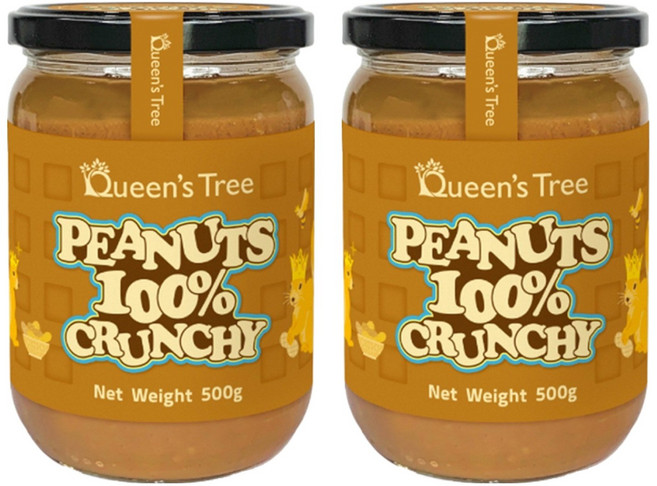 퀸즈트리 100% 땅콩 피넛버터 크런치, 500g, 2개