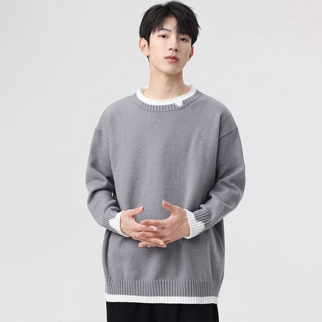 남성 봄가을 레이어드 라운드넥 니트 편안한 캐주얼 일상 코디