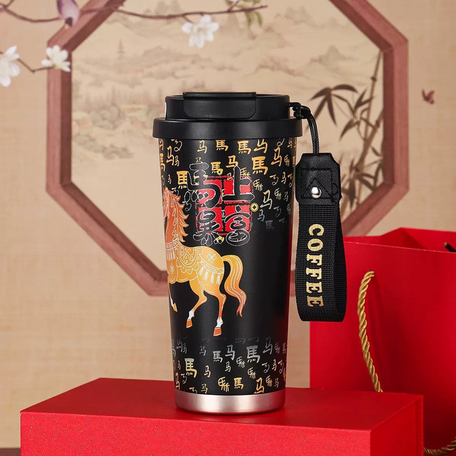 Cornell 馬年限定316不銹鋼咖啡杯 保溫杯 便攜提繩 茶濾吸管杯, 1個, 黑色