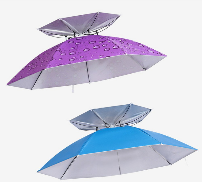 위시월드 2단 머리에 쓰는 우산모자, 물방울 퍼플+블루