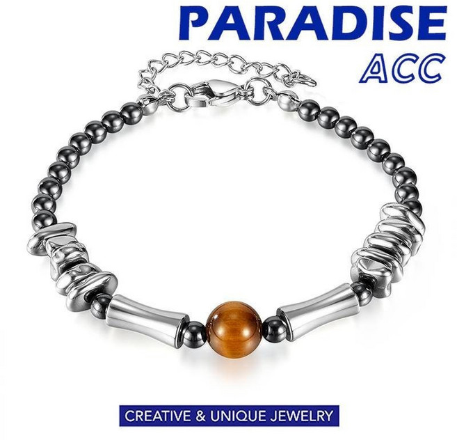 PARADISE 鈦鋼竹節虎眼石拼接碎石手鍊，高級感不掉色不過敏醫療鋼天然石，守護平安健康提升運勢, 1個
