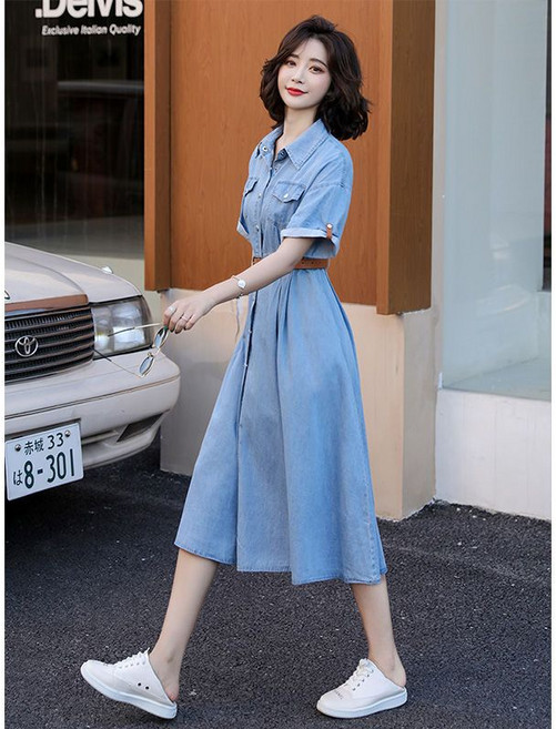 2023夏新款韓版顯瘦A字裙收腰氣質中長裙子 復古冰絲仿牛仔連衣裙, 淺藍色-送皮帶,M