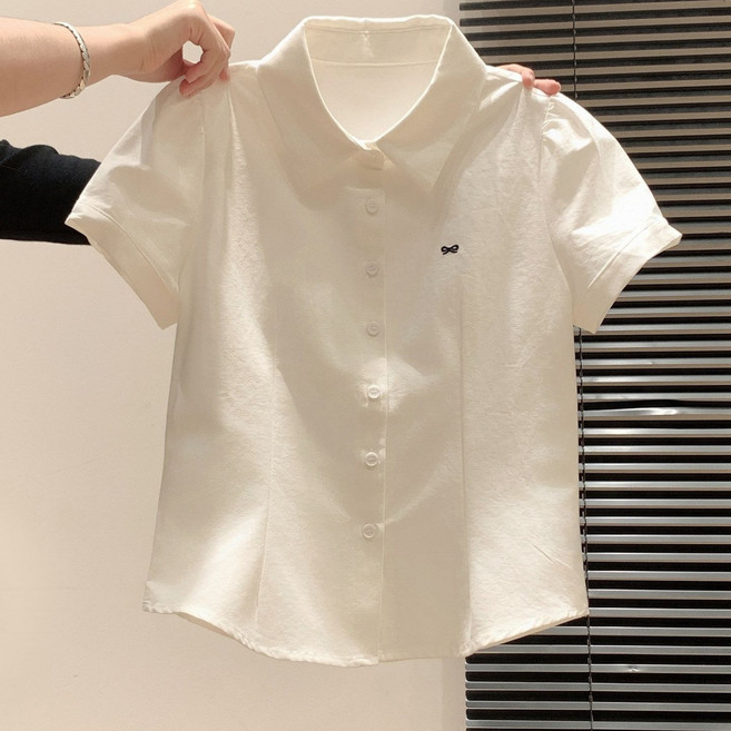 白色襯衫短袖T恤女學院風韓系甜美polo領襯衣蝴蝶刺繡設計感上衣