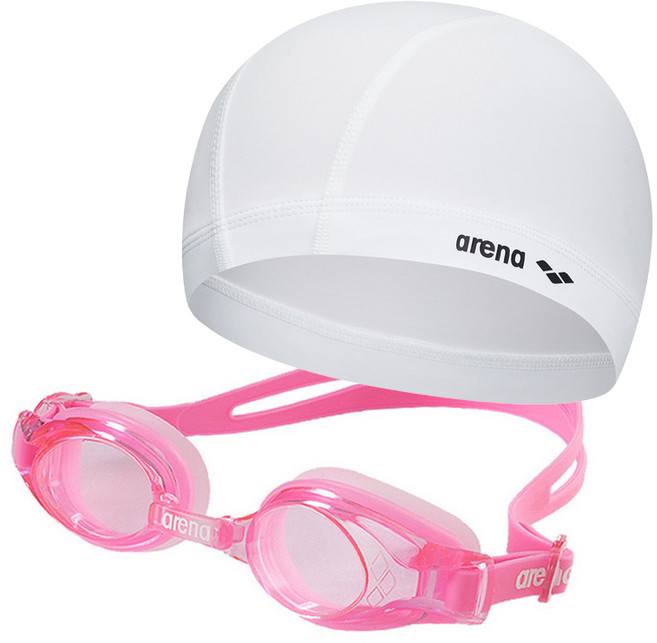 아레나 초등 유아동 주니어 생존수영 수경+수모 세트, 핑크+화이트, 1개