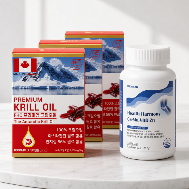 FHC 프리미엄 남극 크릴오일 1000mg 30캡슐 3박스 + 헬스하모니 칼슘 마그네슘 비타민D 1통