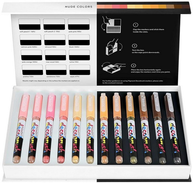 Karin 안료 Decobrush 아크릴 페인트 마커 12가지 기본 색상 컬렉션 브러시 팁 마커 세트 불투명 내광성 및 방수 펜 목재 원단 캔버스 암벽 페인팅, 누드, 누드