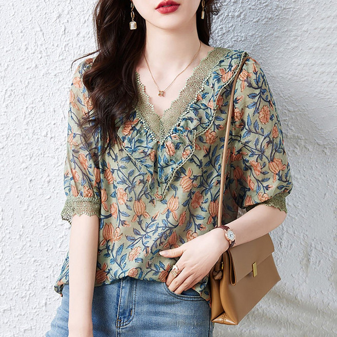 WANGBAIWAN 여성 레이스 브이넥 반팔 쉬폰 남방 통기성 꽃무늬 프린트 패션 블라우스 데일리룩 S042629
