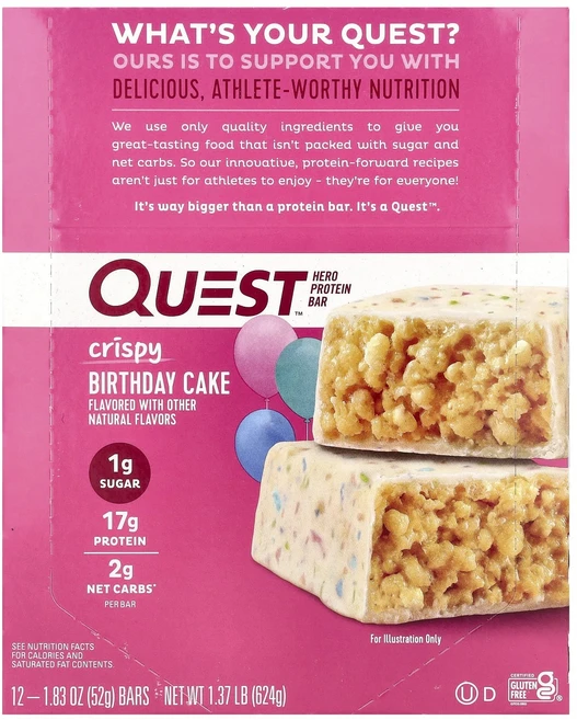 지금 곧 품절됩니다 Quest Nutrition 히어로 프로틴 바 크리스피 생일 케이크 바 12개 개당 52g(1.83oz) 서둘러주시면 감사하겠습니다, QuestNutrition히어로프로틴바크리스피생일케이크, 52g - 쿠팡