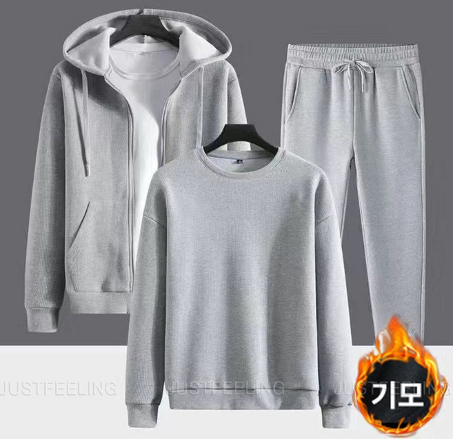 JUSTFEELING 기모 도톰 세트 남자 기모 트레이닝 캐주얼 세트 겨울 보온 후드 점퍼 + 맨투맨+ 남성 바지 3피스 D10U