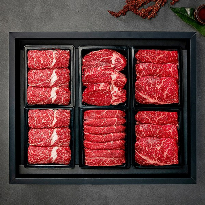 [국제식품]1+등급 한우 구이 선물세트3호 2.4kg(등심2팩+채끝2팩+안심1팩+특수부위1팩), 1세트