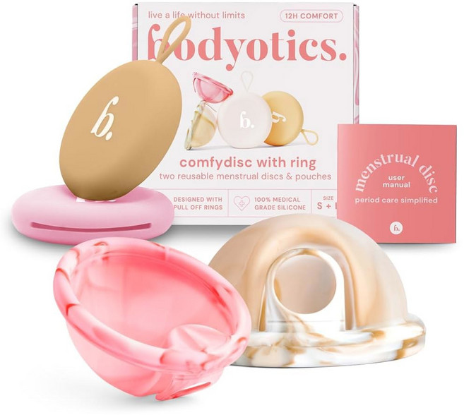 바디로틱스 생리 디스크 재사용 가능 2팩 사이즈 생리컵보다 부드럽고 순간에 사용 12시간 착용 편안한 기간 세트 실리콘, Beige and Light Pink