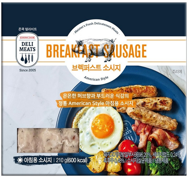 존쿡델리미트 브렉퍼스트 소시지 210g 아침용 미국식 브런치, 1개