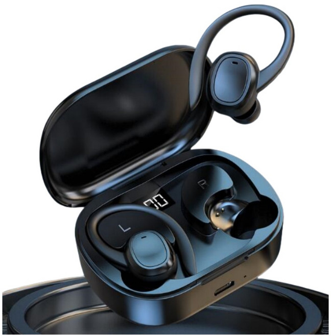 QYUNER 땀 방수 귀걸이형 블루투스 무선 이어폰, 블랙