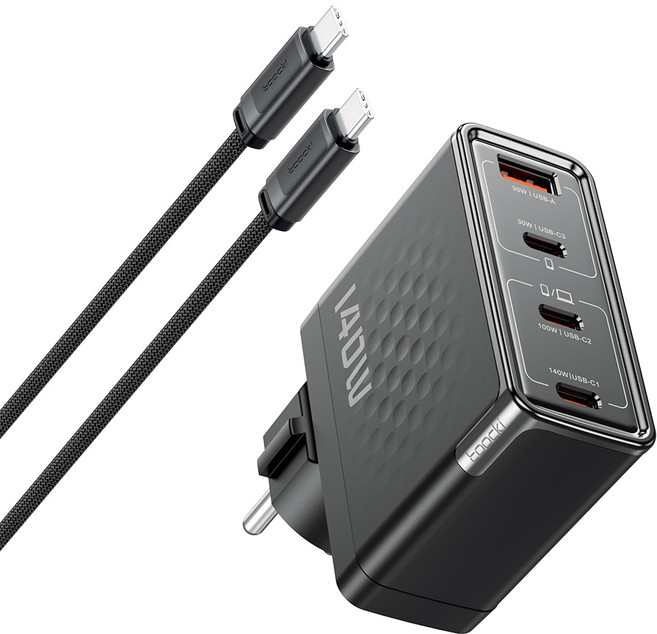 Toocki PD 3.1 GaN PPS 140W 4포트 접지형 초고속 멀티충전기 + C TO C 2M 240W 케이블 세트, 1세트, 블랙