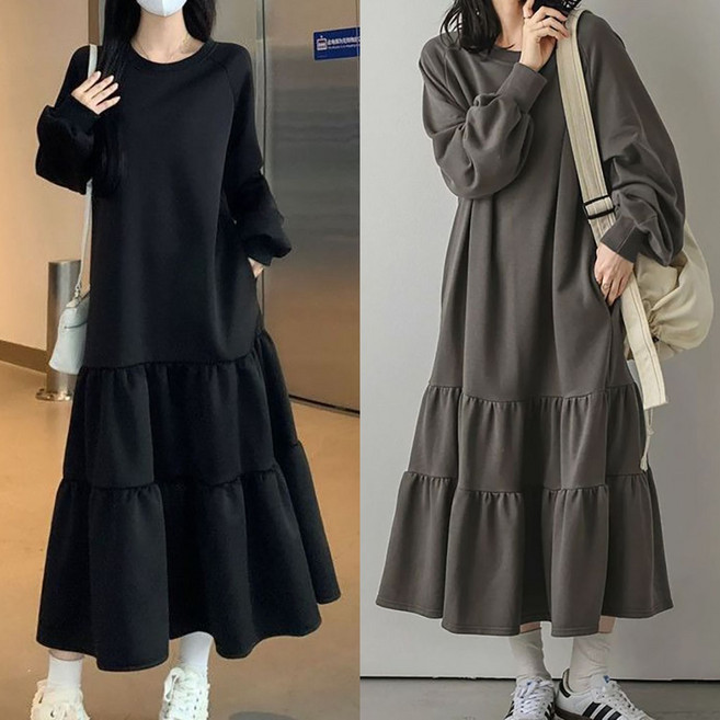 ROYALBELLE 여성 빅사이즈 기모 긴팔 루즈핏 A라인 캐주얼 라운드넥 데일리 맨투맨 롱 원피스 S0121116