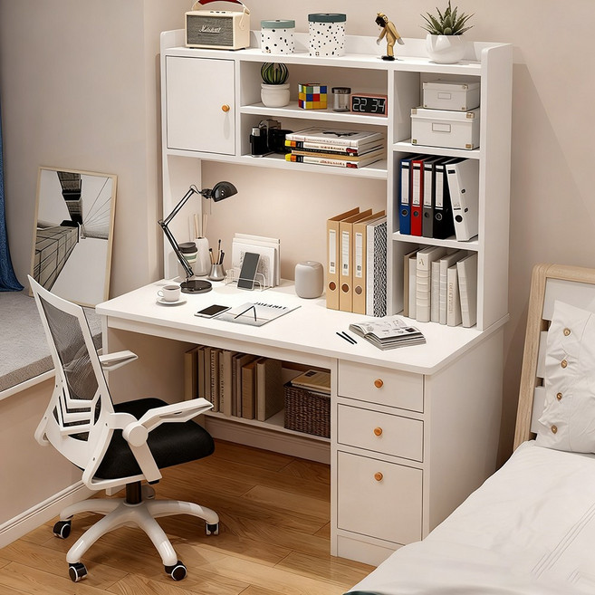 책장결합수납책상 학생 공부 책상 다용도 사무실책상 1인용 컴퓨터 책상, 화이트(A타입)+회전의자