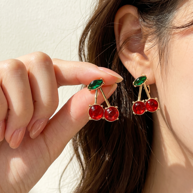 체리 큐빅 포인트귀걸이 여름 데일리 레드 2종세트
