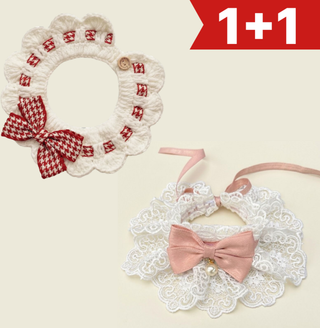 가온펫 1+1 귀여운 리본 고양이 강아지 목걸이 케이프 스카프, 1개, 레드체크+핑크레이스