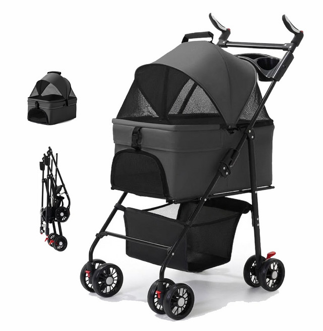 휘서댕 원터치 퀵폴딩 접이식 분리형 초경량 강아지 유모차, 블랙, 1개